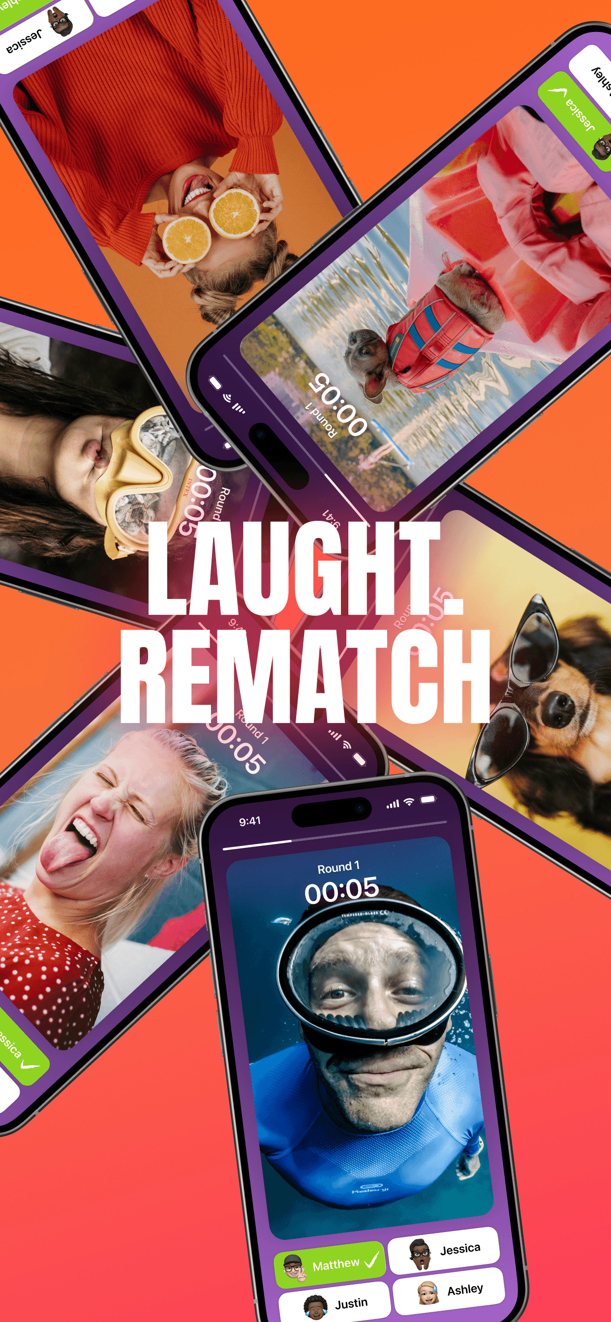 PicPop phones showing a laugh and rematch gameplay moment